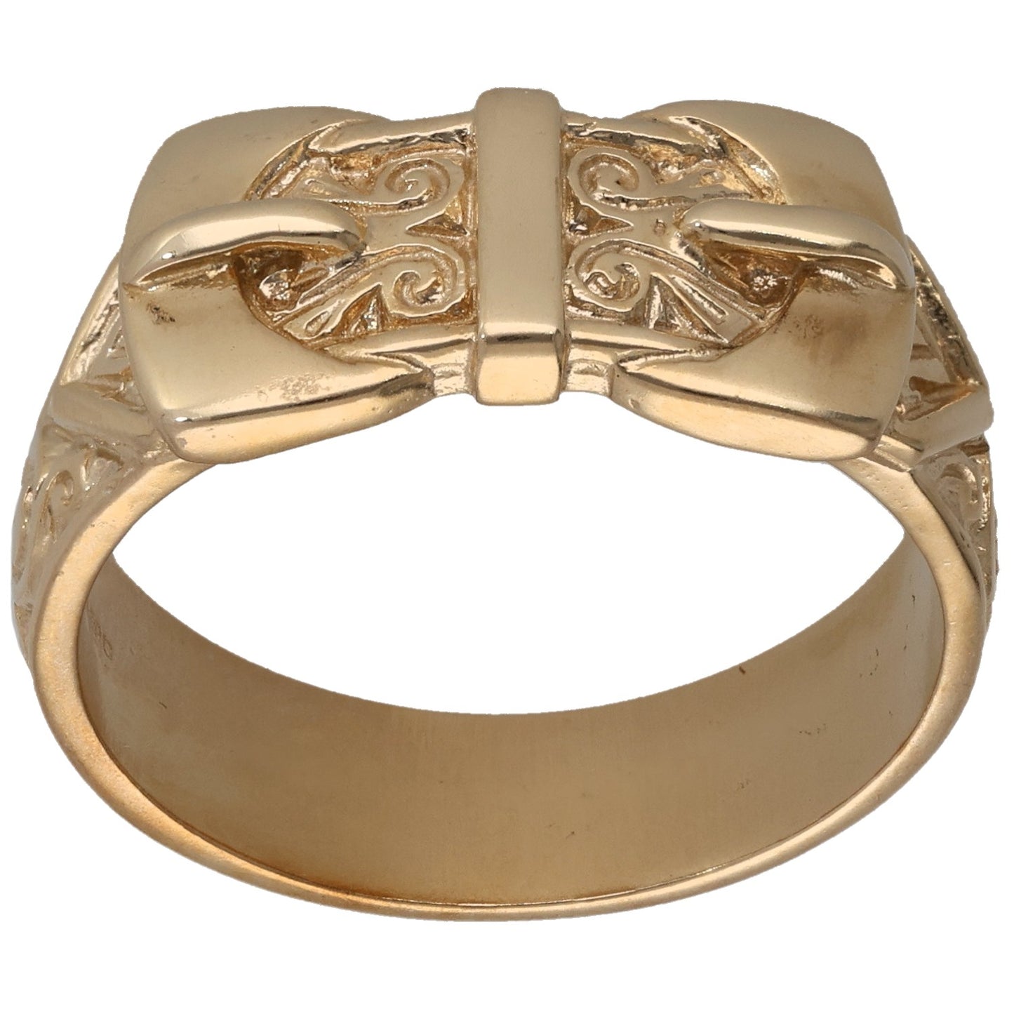 9ct gold buckle ring with engraved scrollwork, size Y