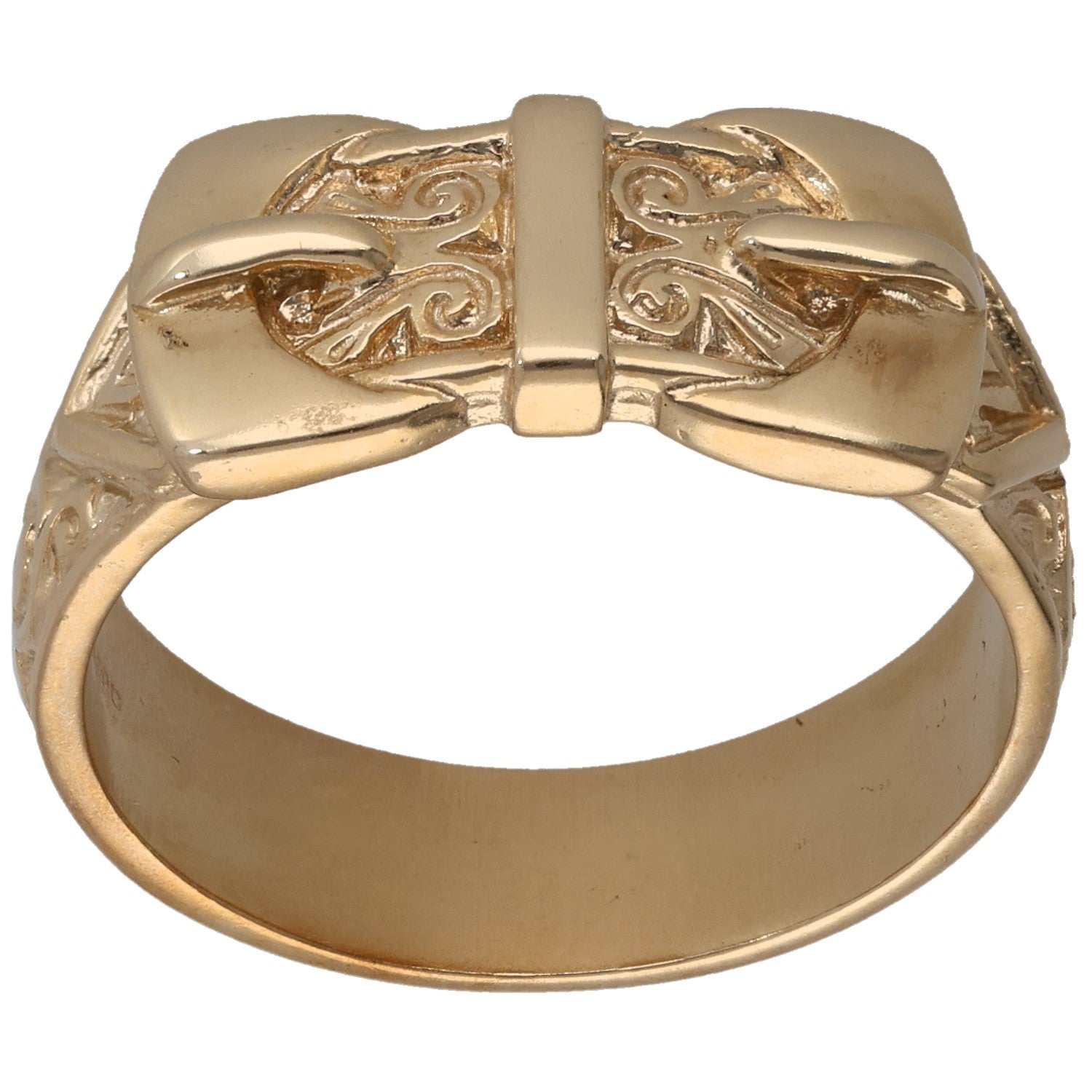 9ct gold buckle ring with engraved scrollwork, size Y