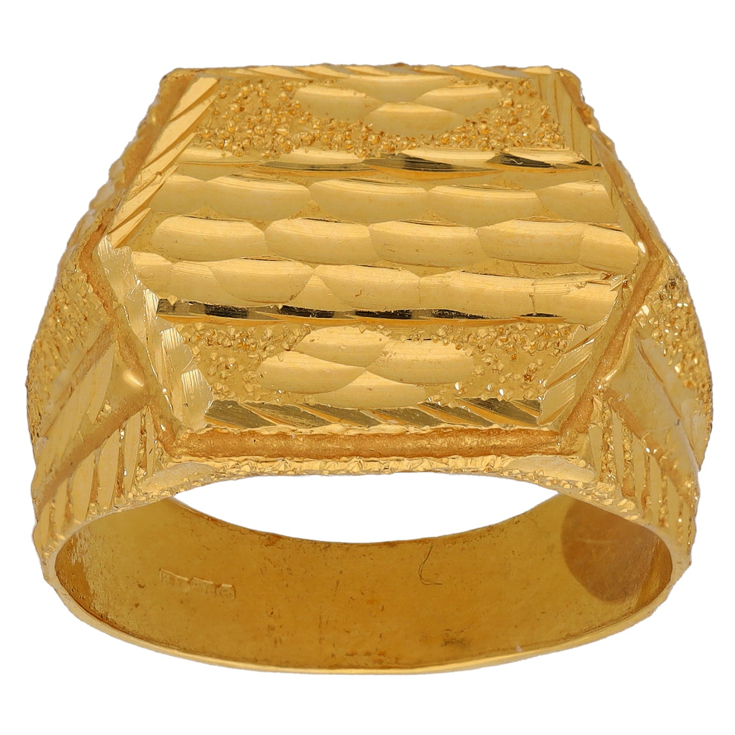 22ct gold signet ring with engraved faceted center and glittery textured borders