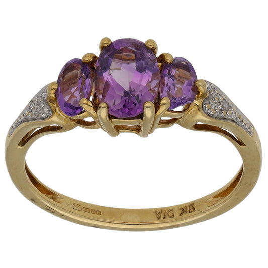 9ct Gold Amethyst & 0.02ct Diamond Cluster Ring Size M