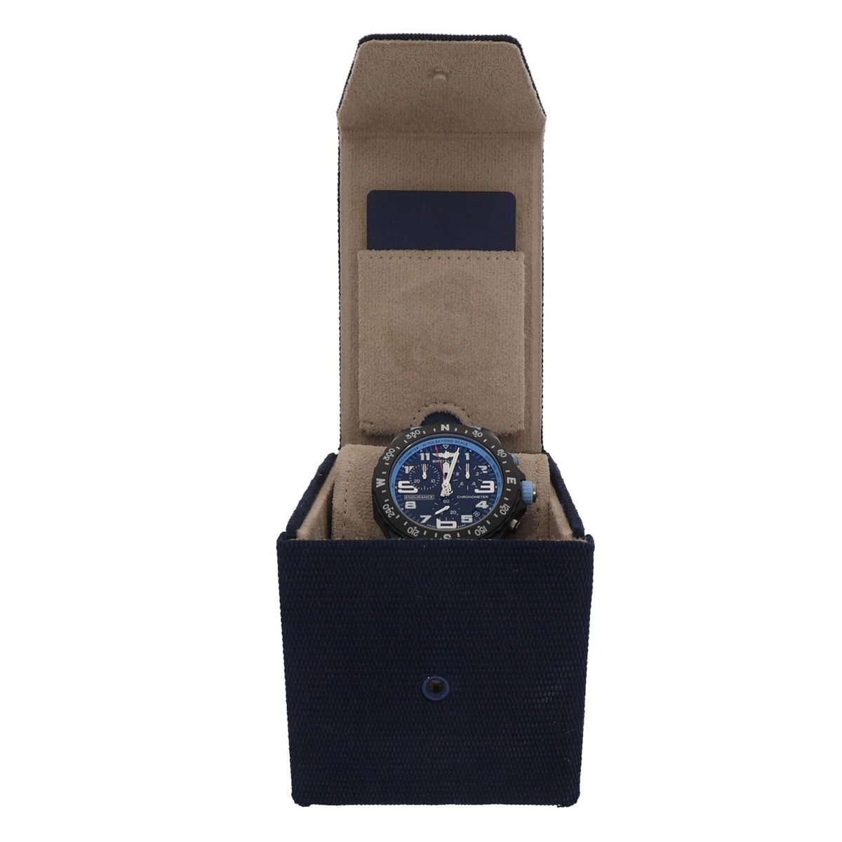 Breitling Endurance Pro X82310 Chronograph watch in navy and tan fabric holder, blue dial with light blue strap