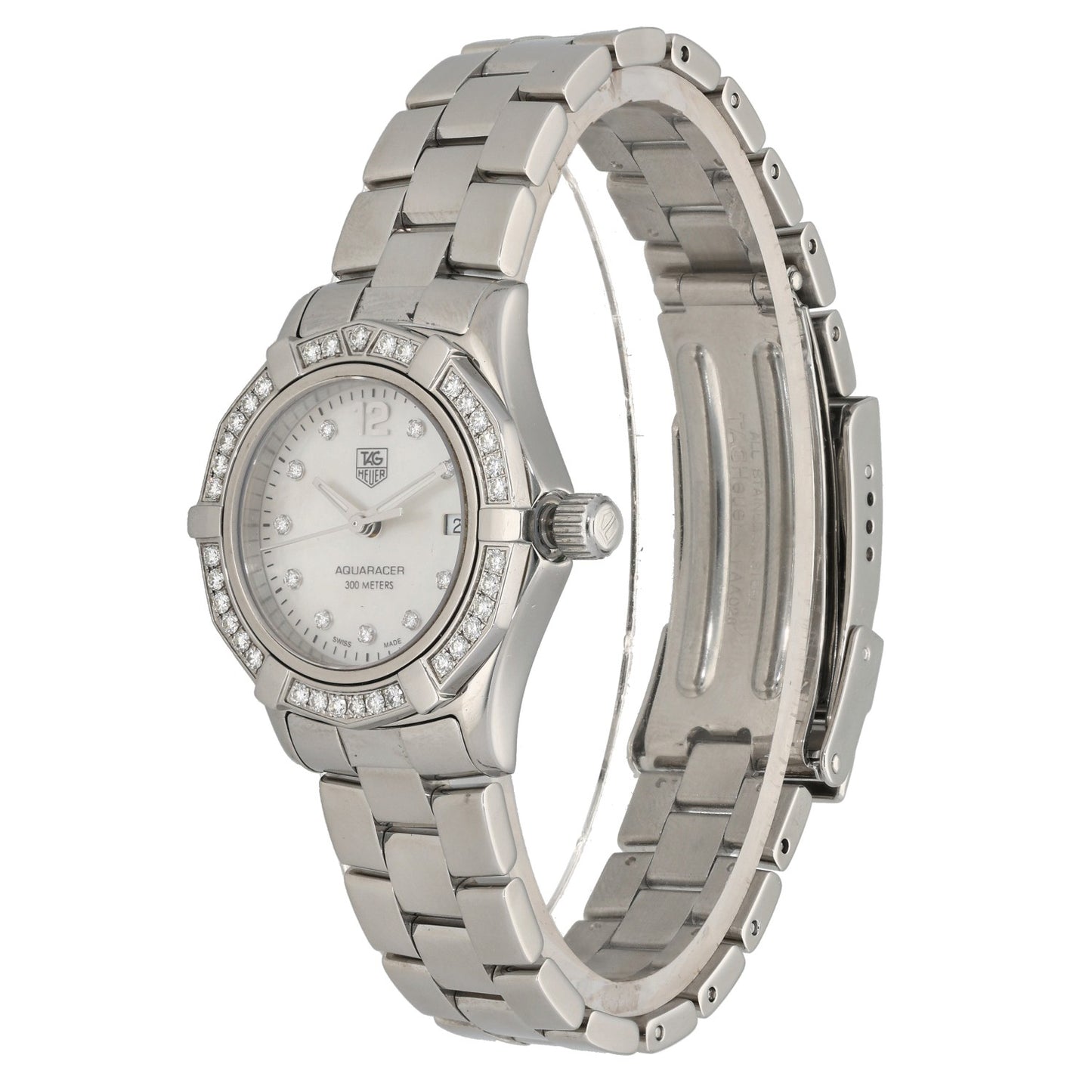 Tag Heuer Aquaracer WAF1416, with Mother of Pearl dial with a diamond hour markers and bezel, front angle image