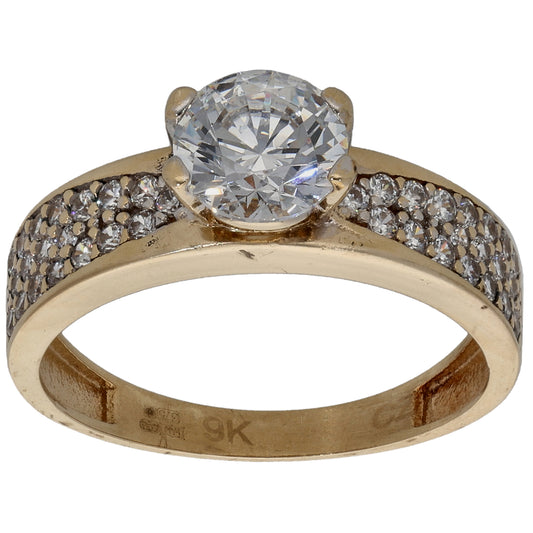 9ct Gold Cubic Zirconia Single Stone Ring with Accent Stones Size N