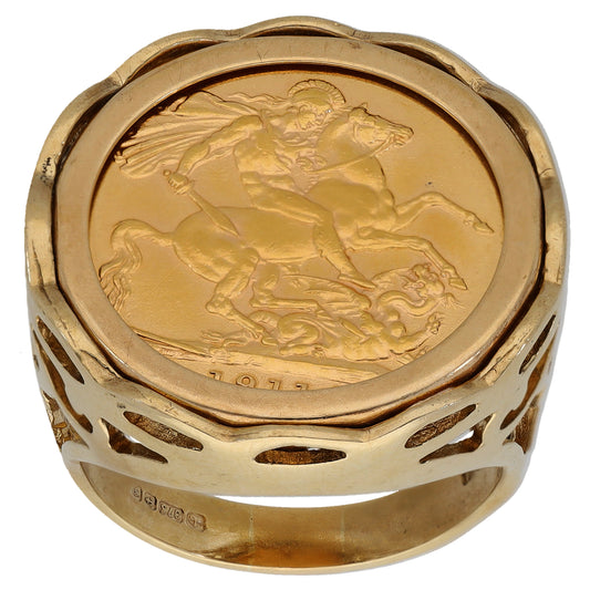 9ct Gold Full Sovereign Coin Ring Size T