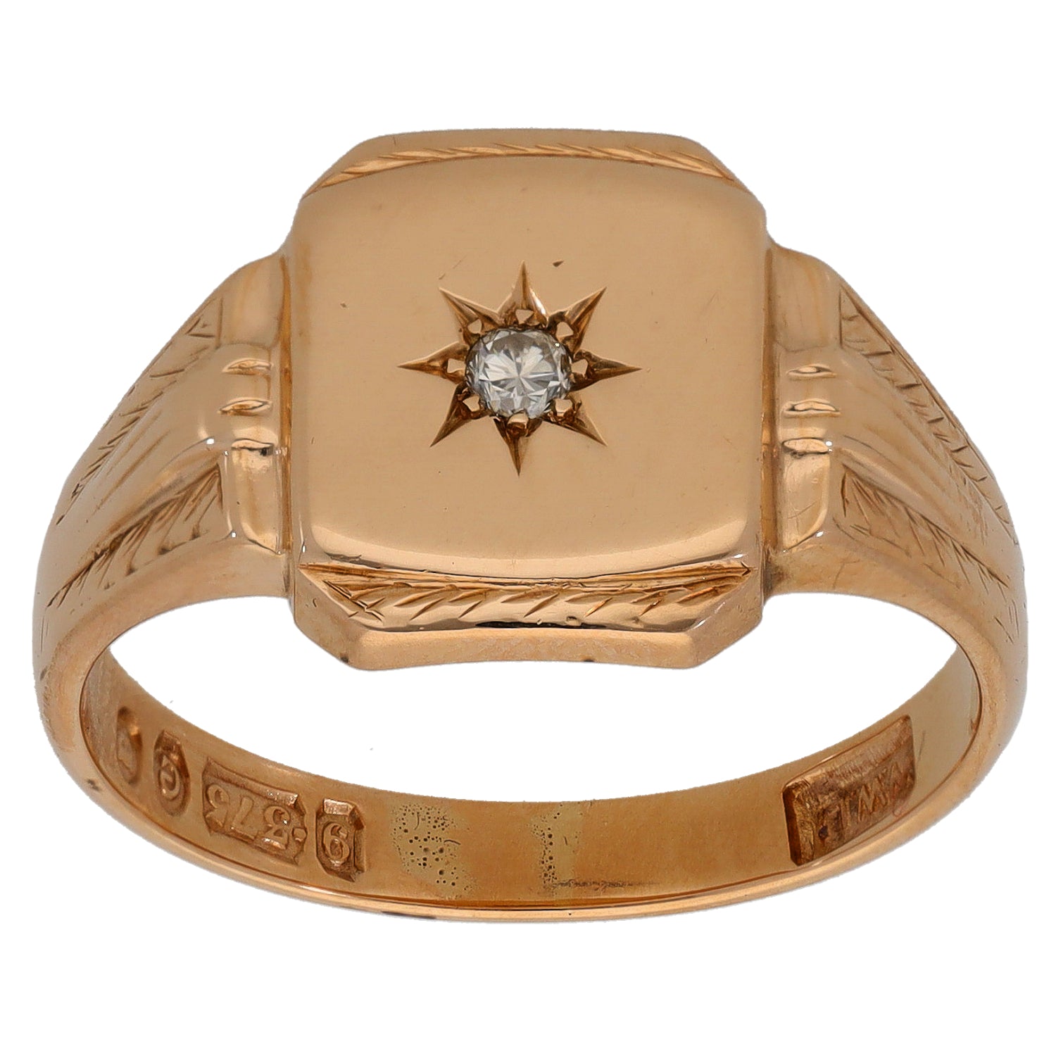 9ct gold signet ring top view with starburst round diamond and engraved side ridges