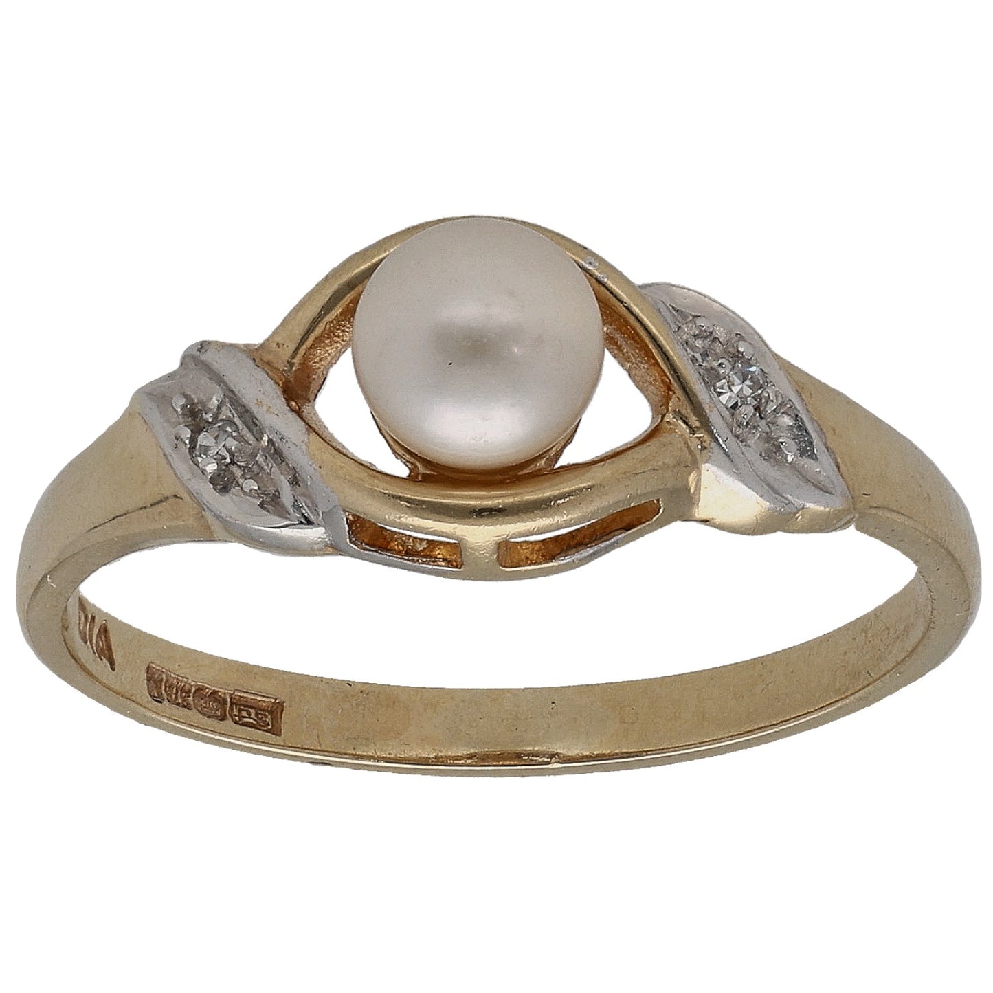 9ct Gold Cultured Pearl & 0.01ct Diamond Single Stone Ring With Accents Size N
