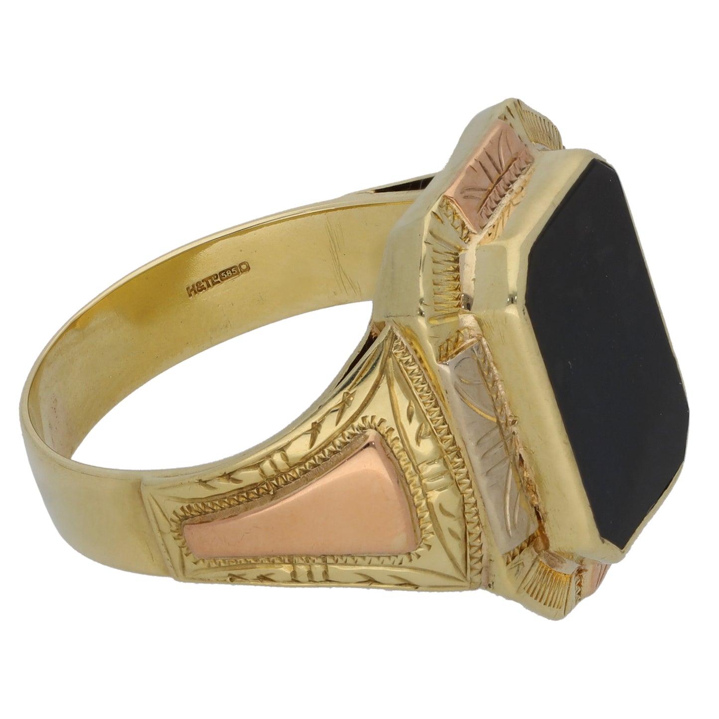 14ct Bi-Colour Gold Onyx Single Stone Patterned Signet Ring Size U