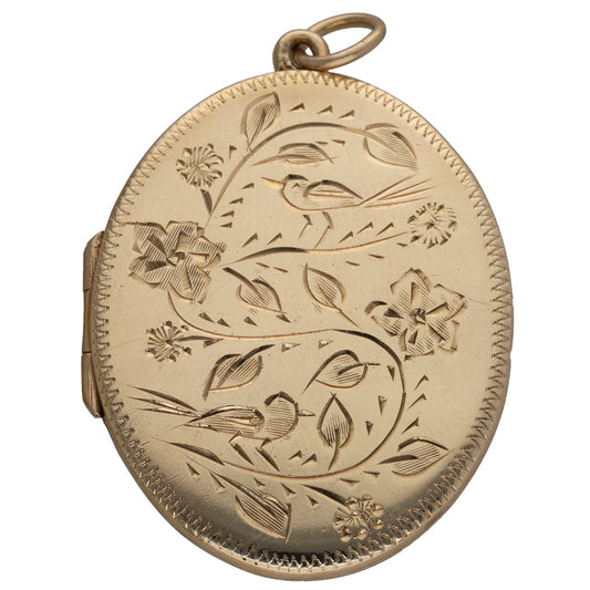 9ct gold patterned oval locket pendant with engraved leaf and cross motifs