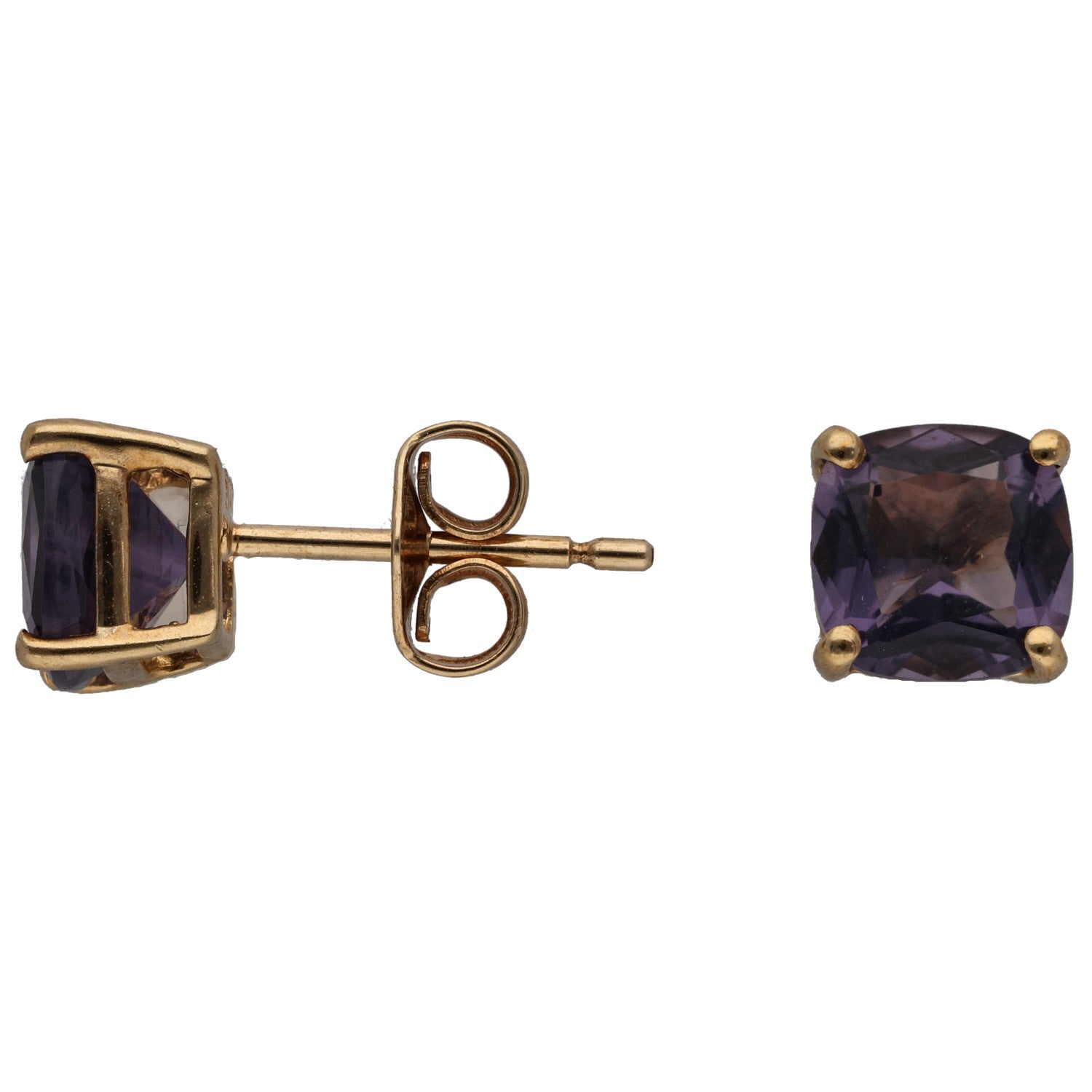9ct gold iolite stud earrings; square cushion purple gems, gold settings