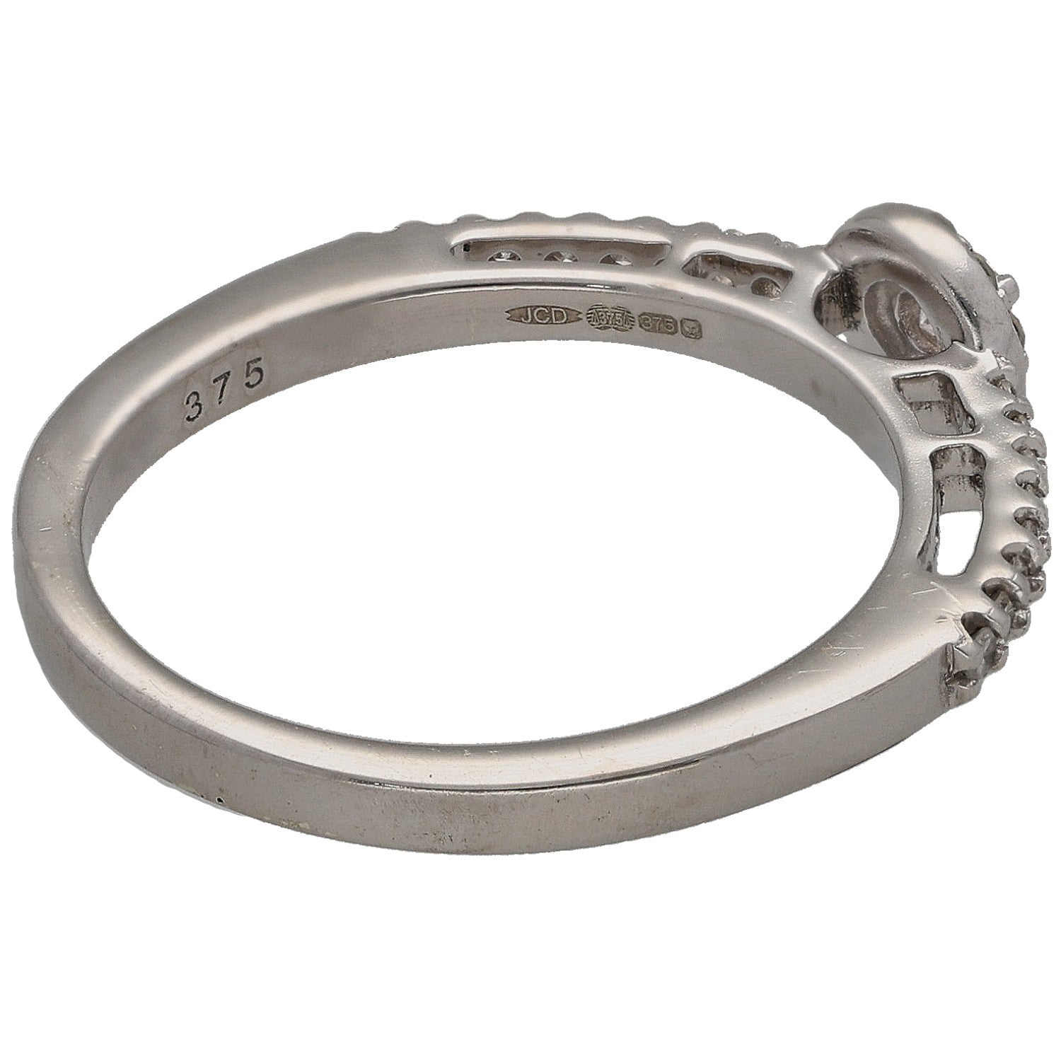 White gold diamond cluster ring, side view
