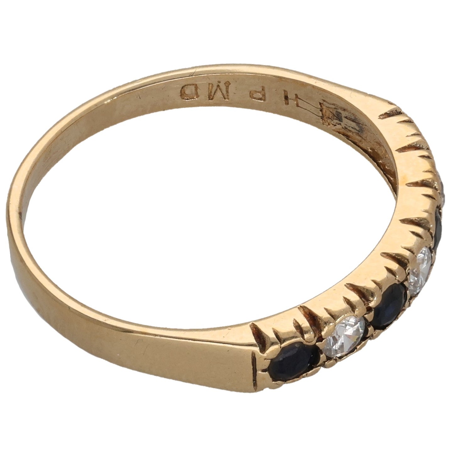 9ct gold half eternity ring with raised prongs on blue and clear stones, engraved inside