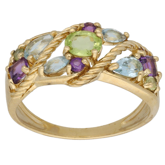 9ct Gold Peridot, Amethyst & Topaz Dress/Cocktail Ring Size P