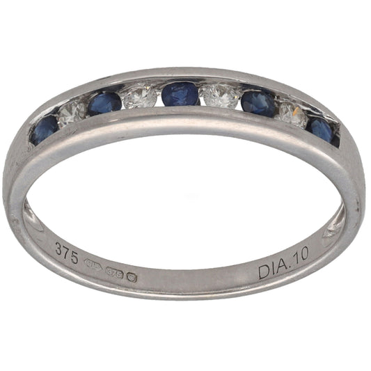 9ct White Gold Sapphire & 0.10ct Diamond Half Eternity Ring Size N