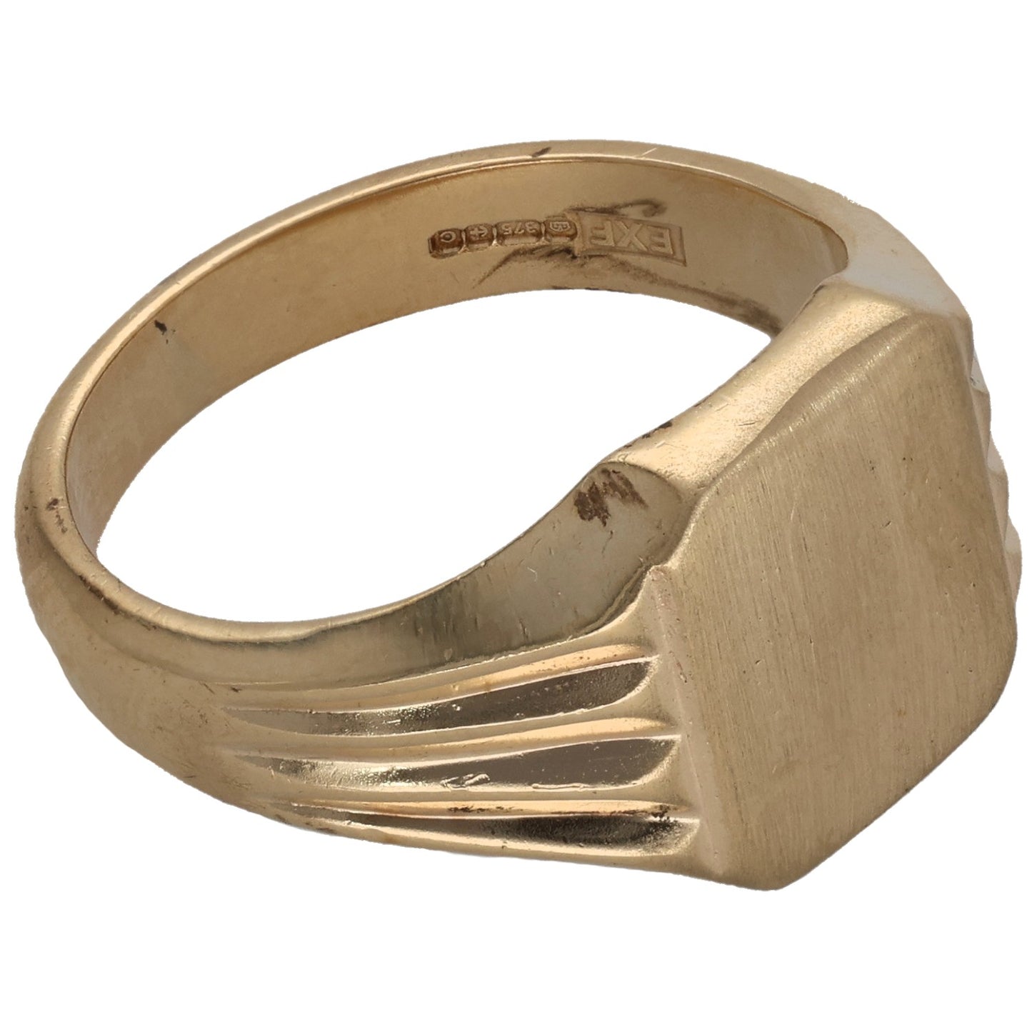 9ct gold signet ring showing underside engraving and stepped, chevron-style shoulders
