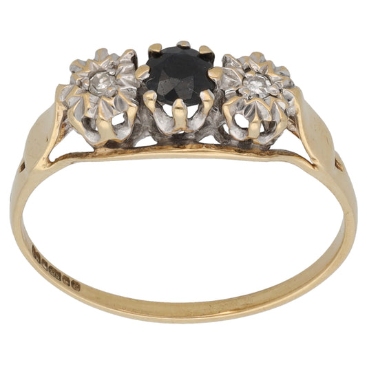 9ct Gold Sapphire & 0.02ct Diamond Three Stone Ring Size O
