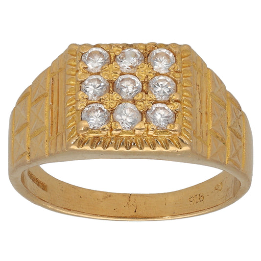 22ct Gold Cubic Zirconia Patterned Signet Ring Size S