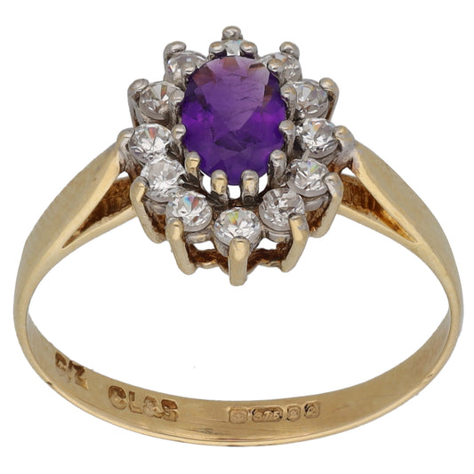 9ct Gold Amethyst & Imitation Gems Dress/Cocktail Ring Size L