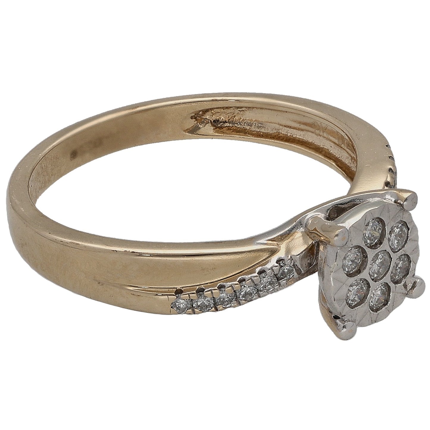 Gold diamond cluster ring with round stone cluster and side channel set diamonds