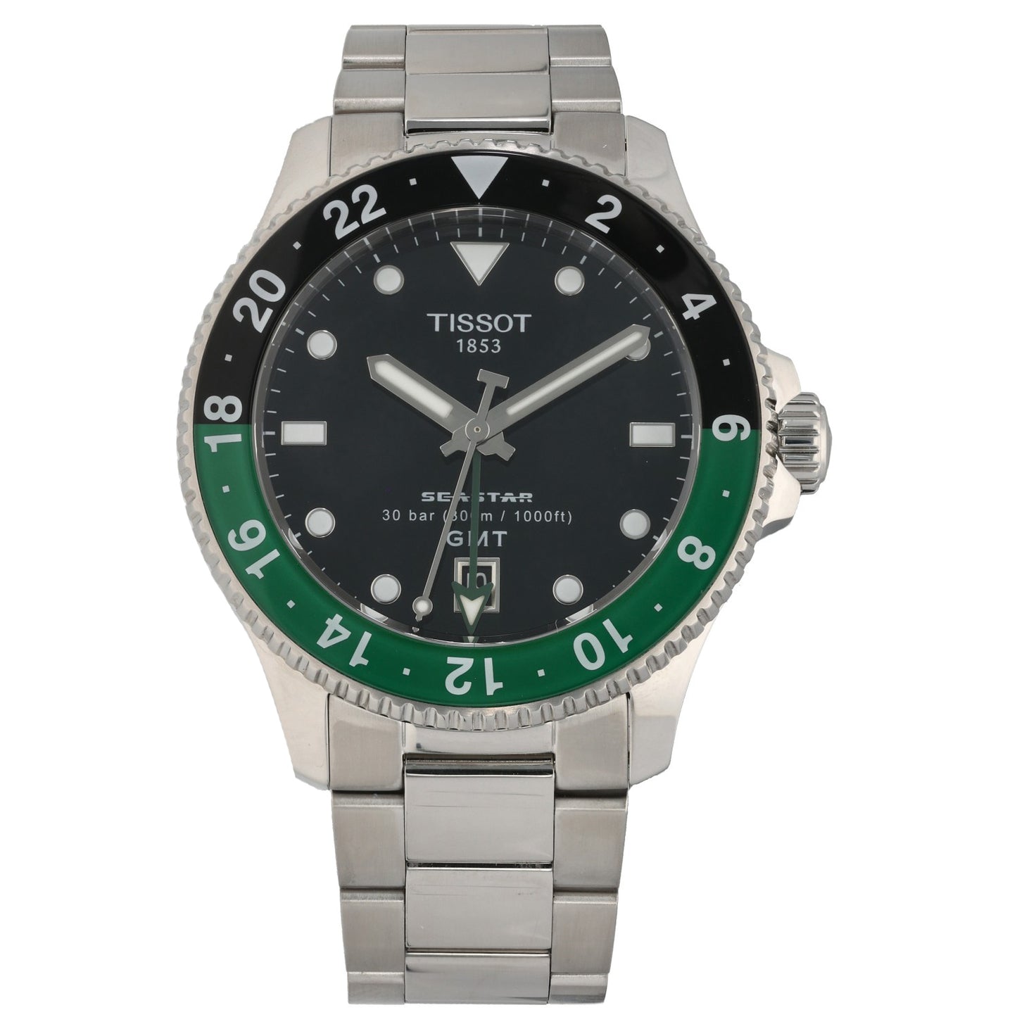 Tissot Seastar 1000 GMT T120852A, black dial, green and black GMT bezel