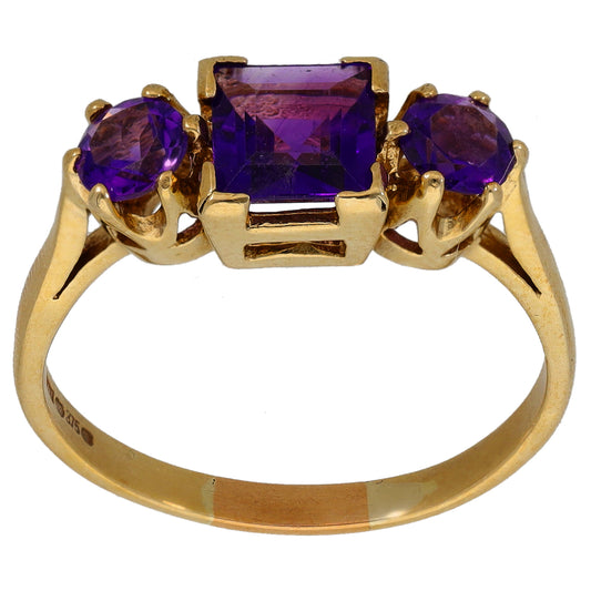 9ct gold amethyst three-stone ring with square center and two round purple stones