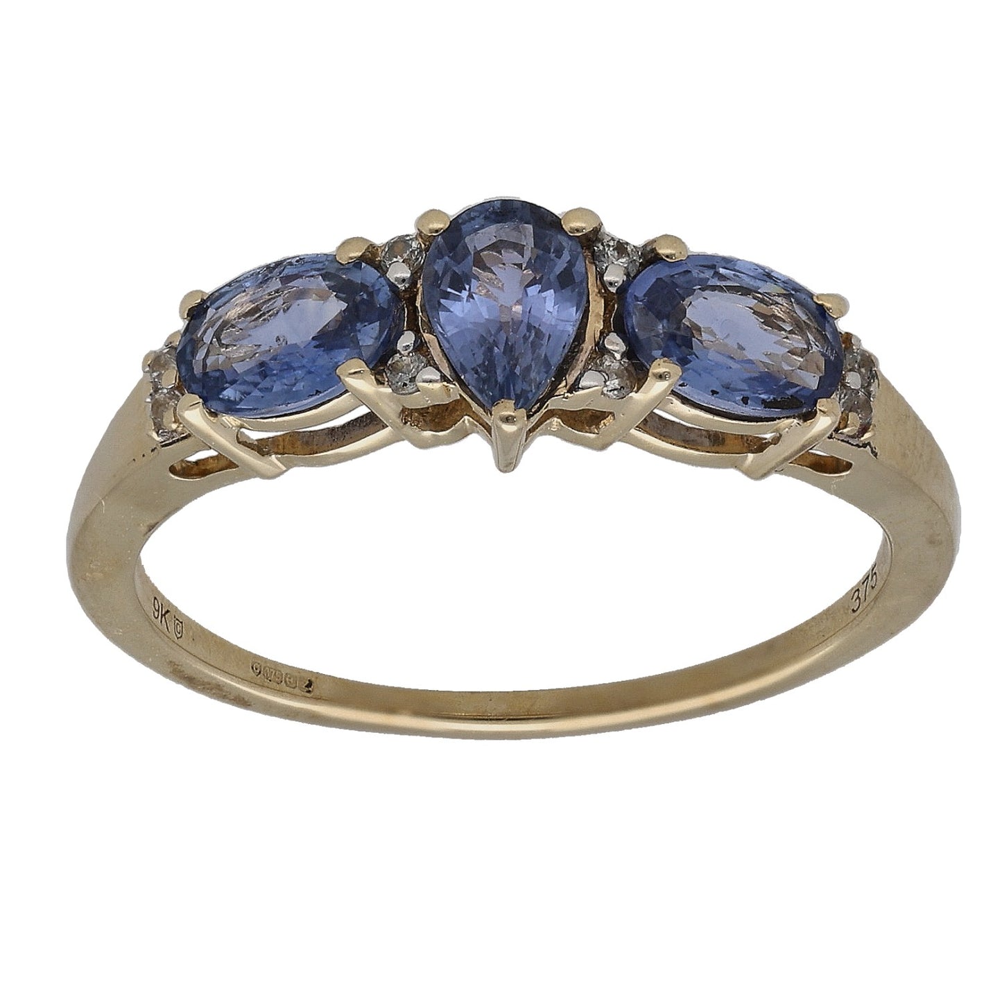 9ct gold sapphire and diamond half-eternity ring with three oval blue stones