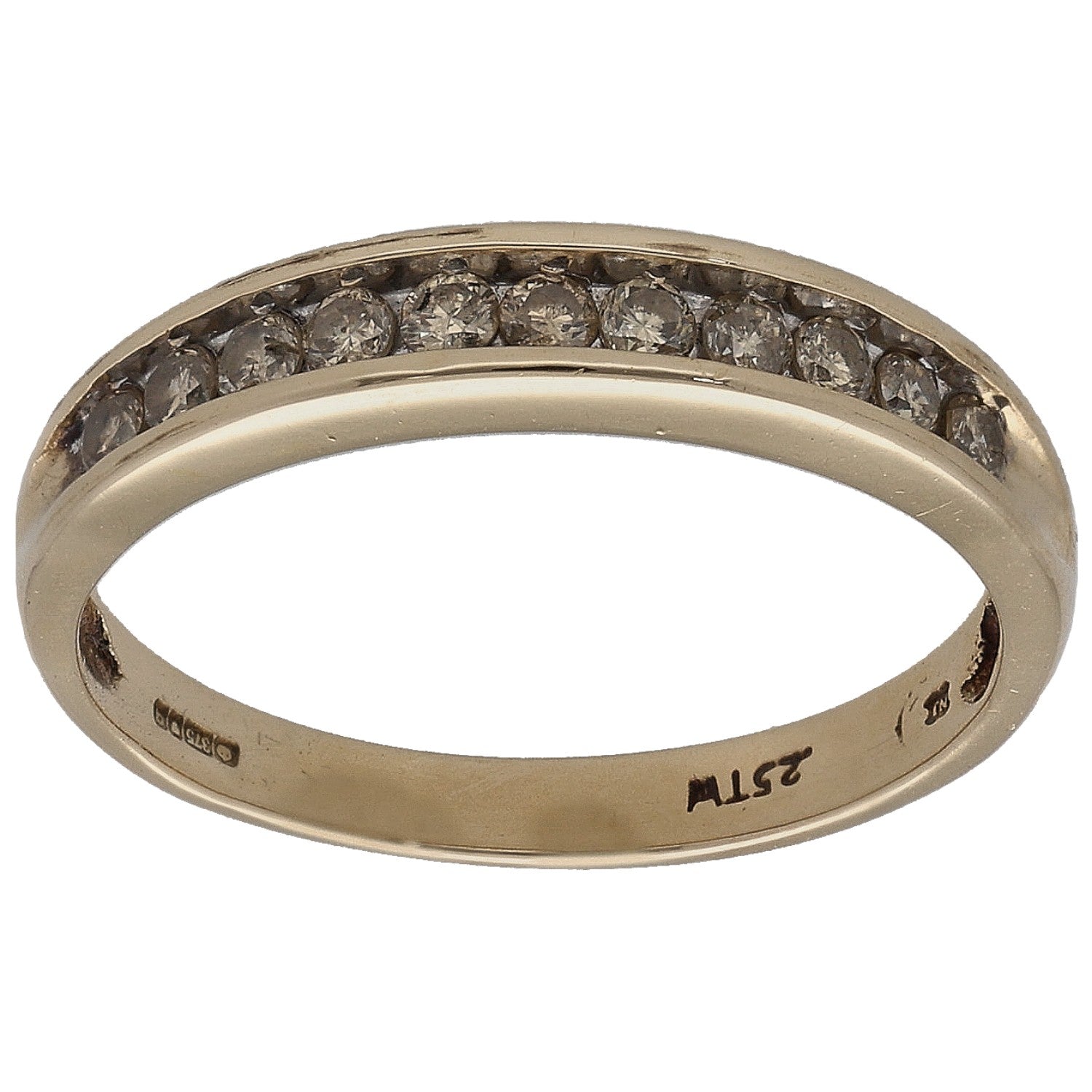 9ct gold half eternity ring with round-cut diamond bezel stones