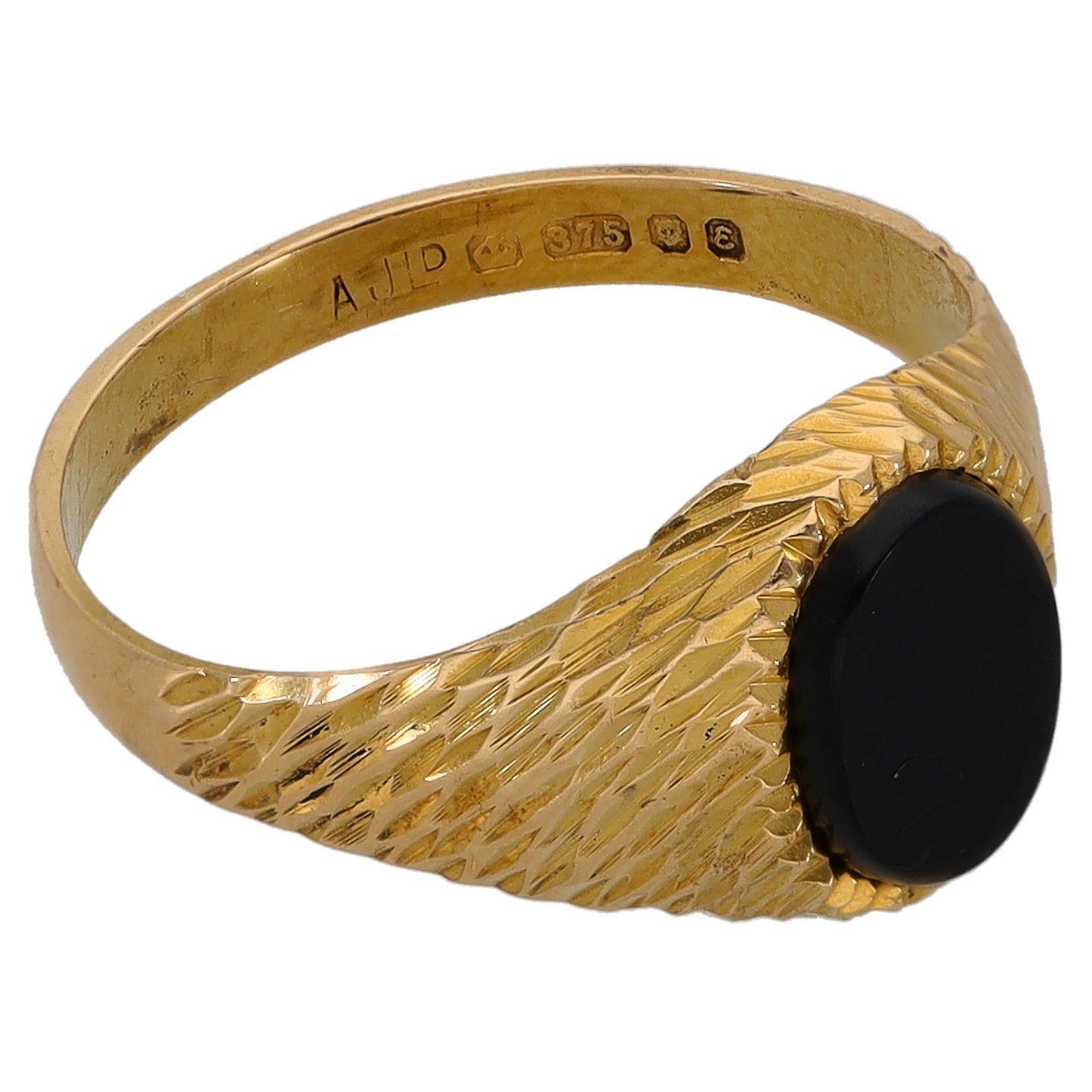 9ct Gold Onyx Patterned Single Stone Signet Ring Size K