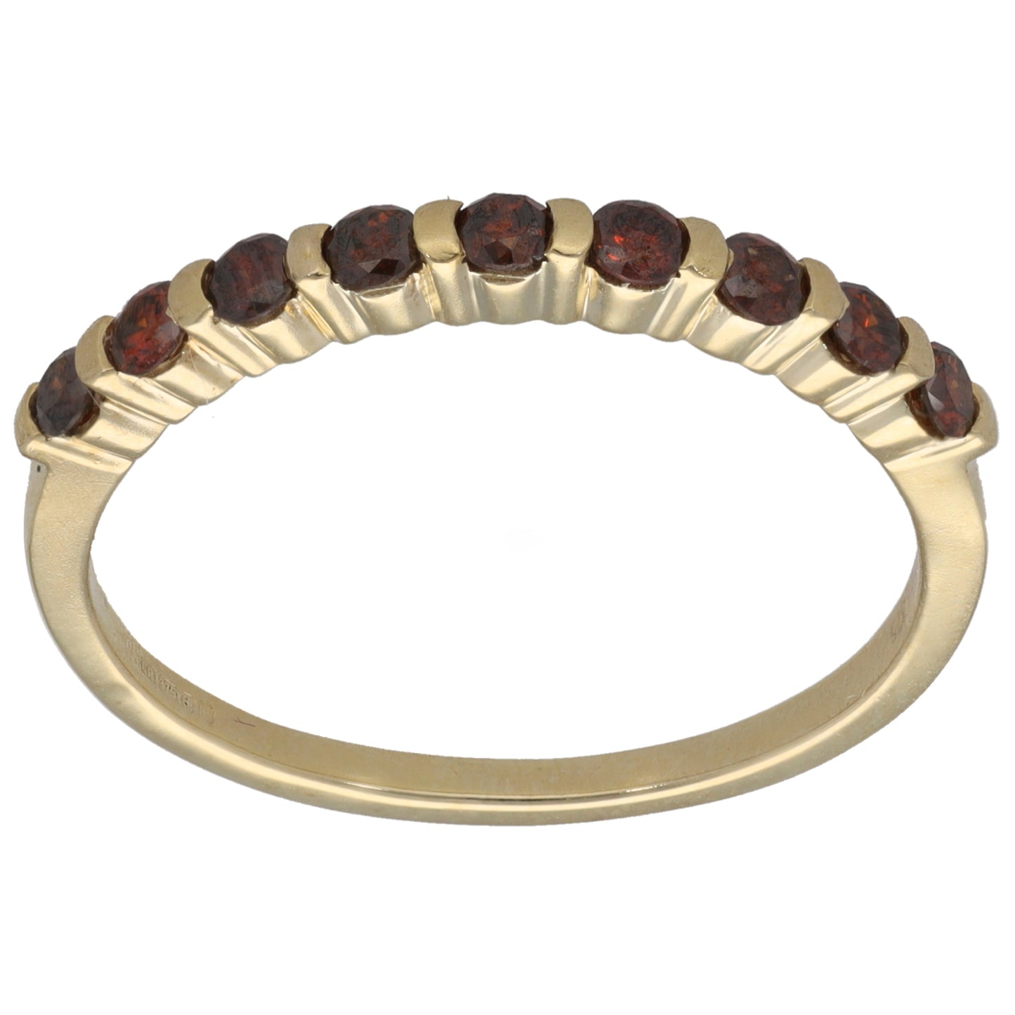 9ct gold half-eternity ring with round dark red stones in metal bezels