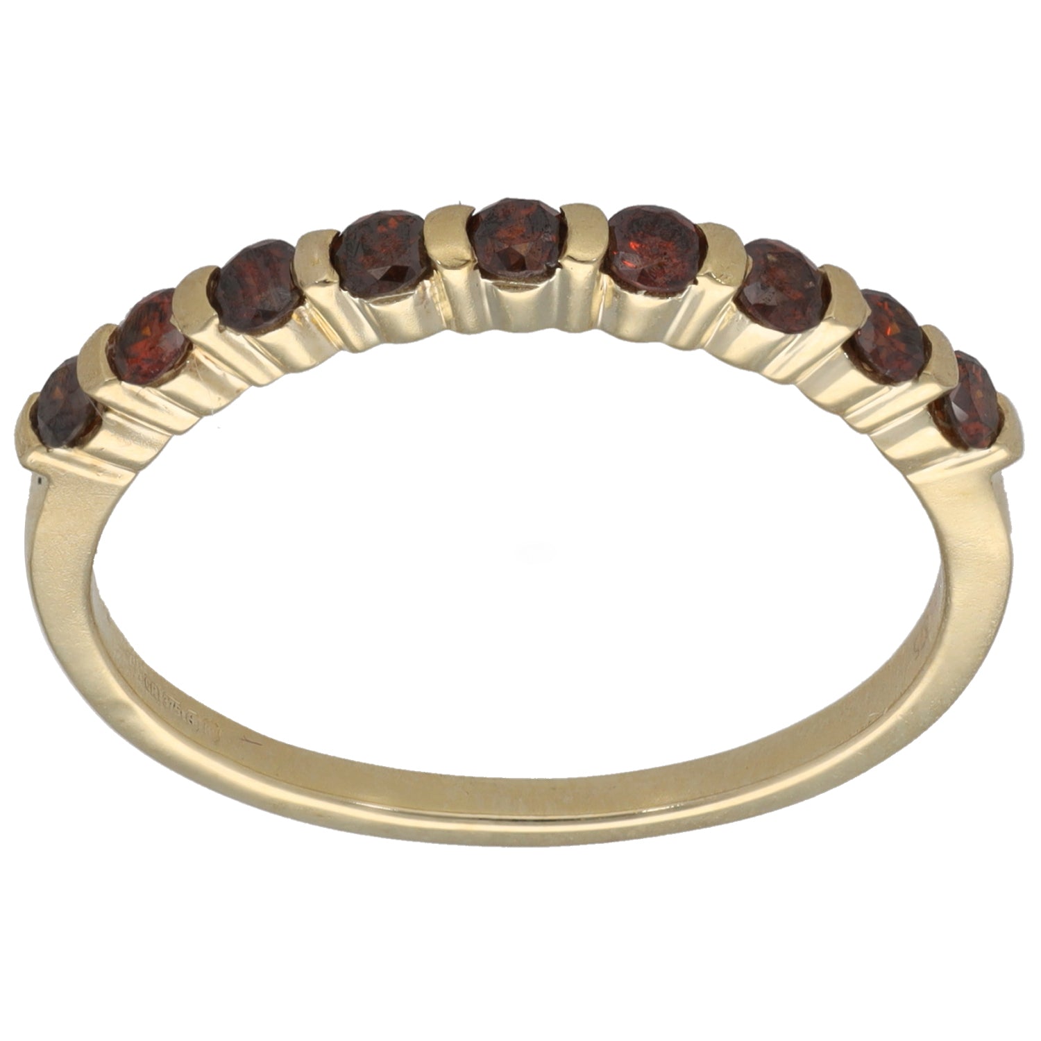 9ct gold half-eternity ring with round dark red stones in metal bezels