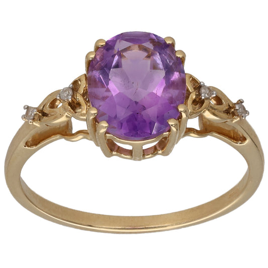 9ct Gold Amethyst & 0.02ct Diamond Single Stone Ring With Accents Size S