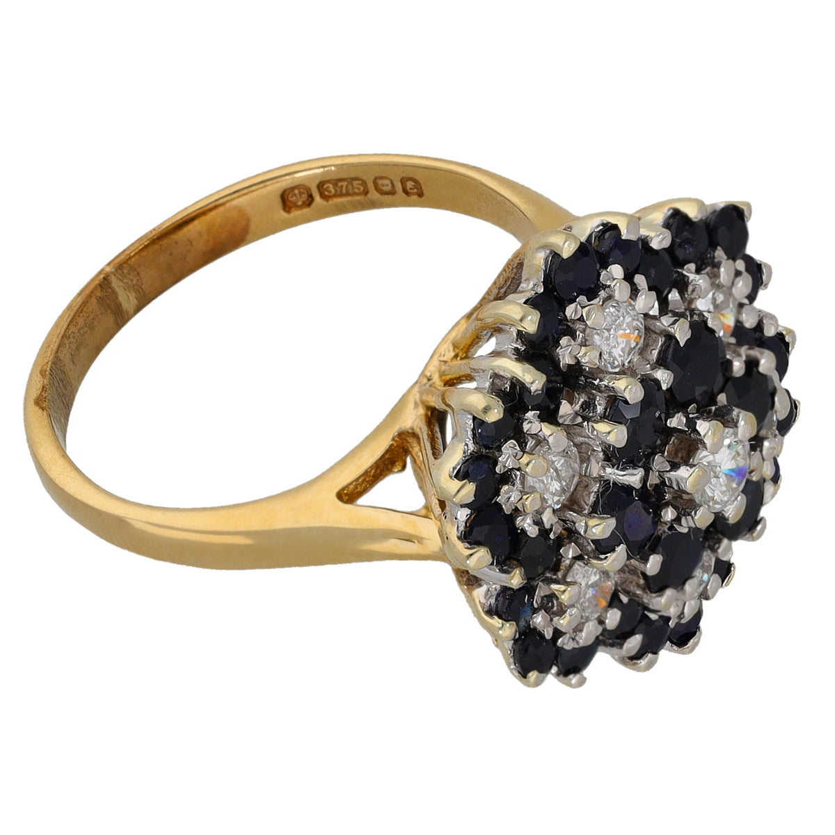 9ct Gold Sapphire & 0.42ct Diamond Cluster Ring Size M