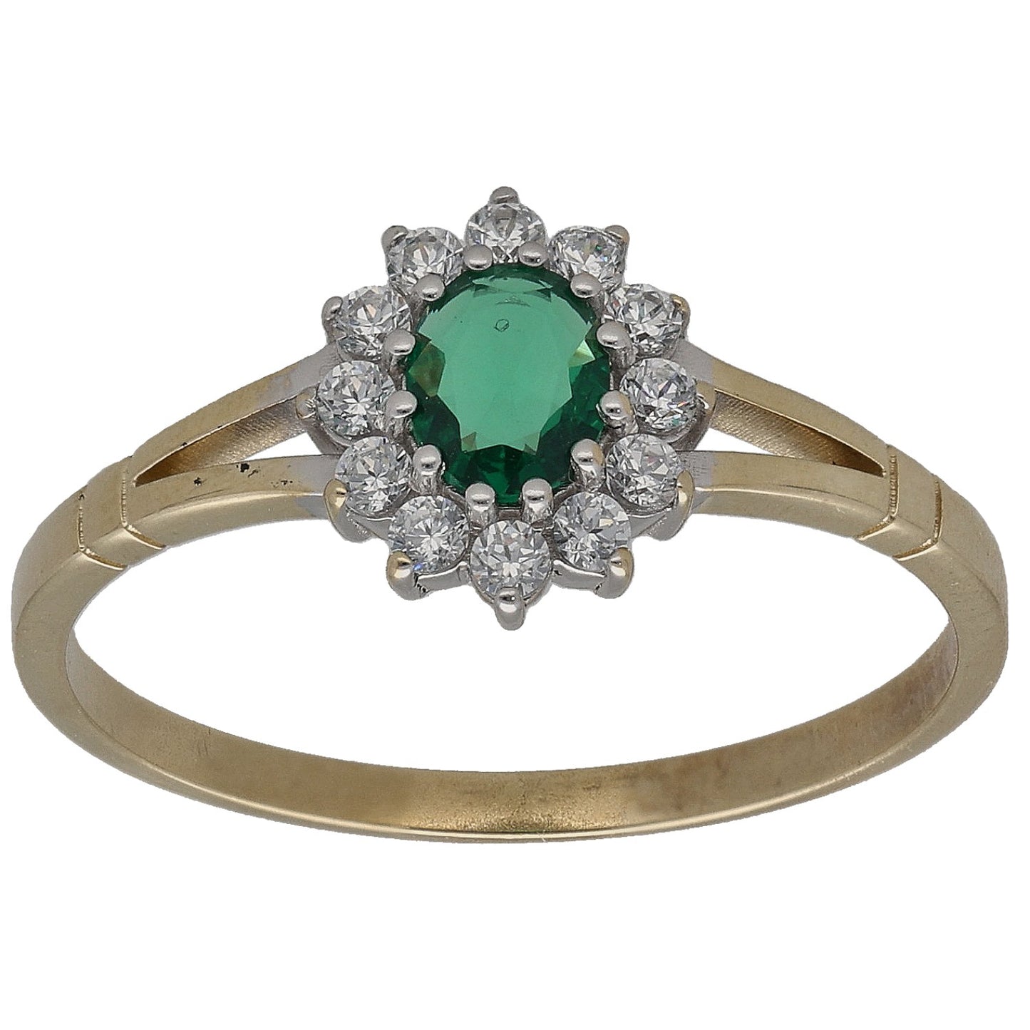 Gold-tone ring with green oval center stone and clear round accent stones halo