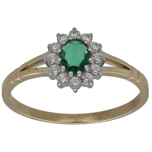 Gold-tone ring with green oval center stone and clear round accent stones halo