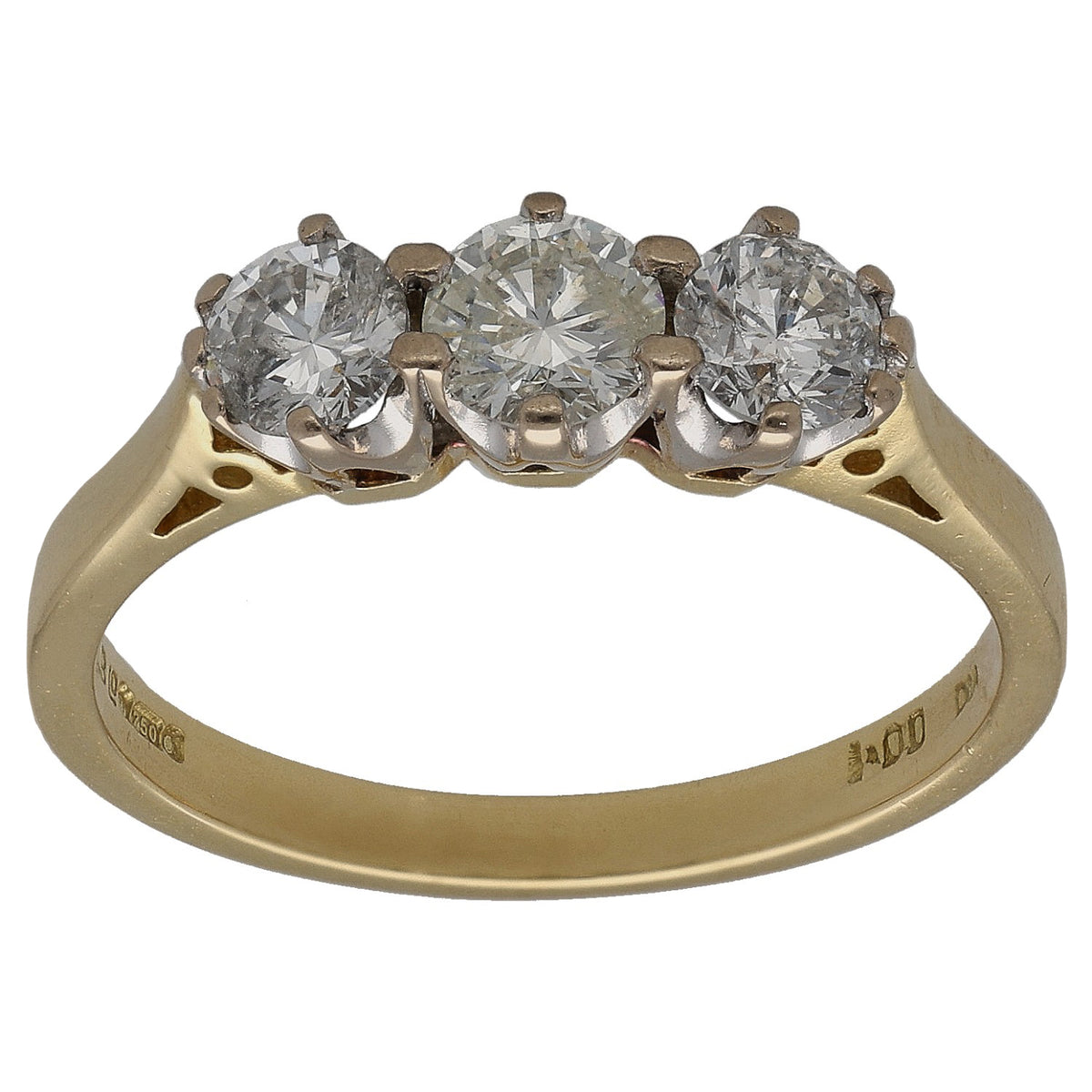 Three-stone round diamond ring in 18ct gold, three bright round stones across the top