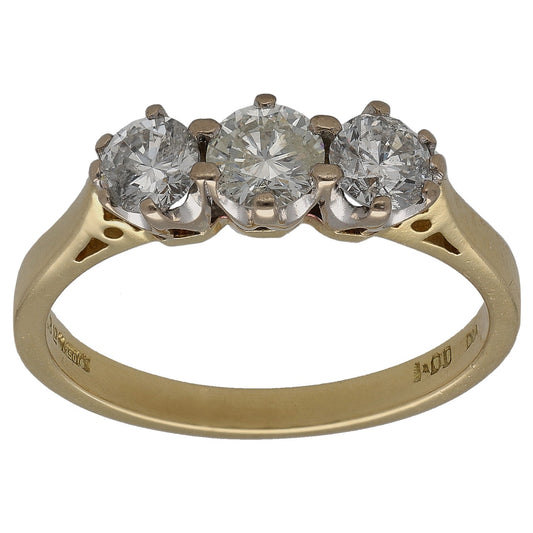 Three-stone round diamond ring in 18ct gold, three bright round stones across the top