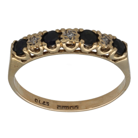 9ct Gold Sapphire & 0.03ct Diamond Half Eternity Ring Size Q