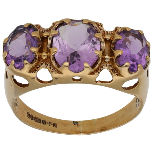 9ct Gold Amethyst Trilogy Ring Size R