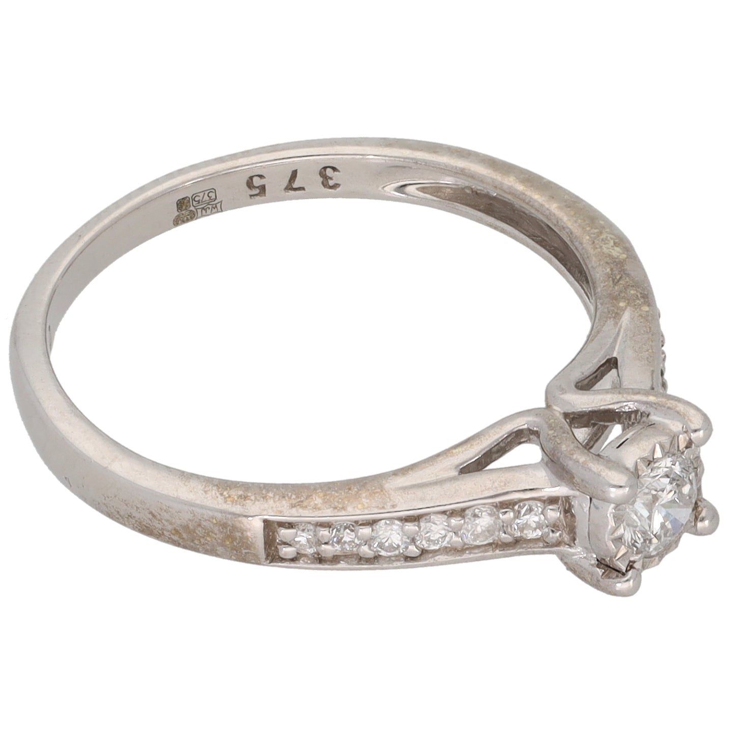 9ct White Gold 0.25ct Diamond Solitaire Ring With Accent Stones Size L