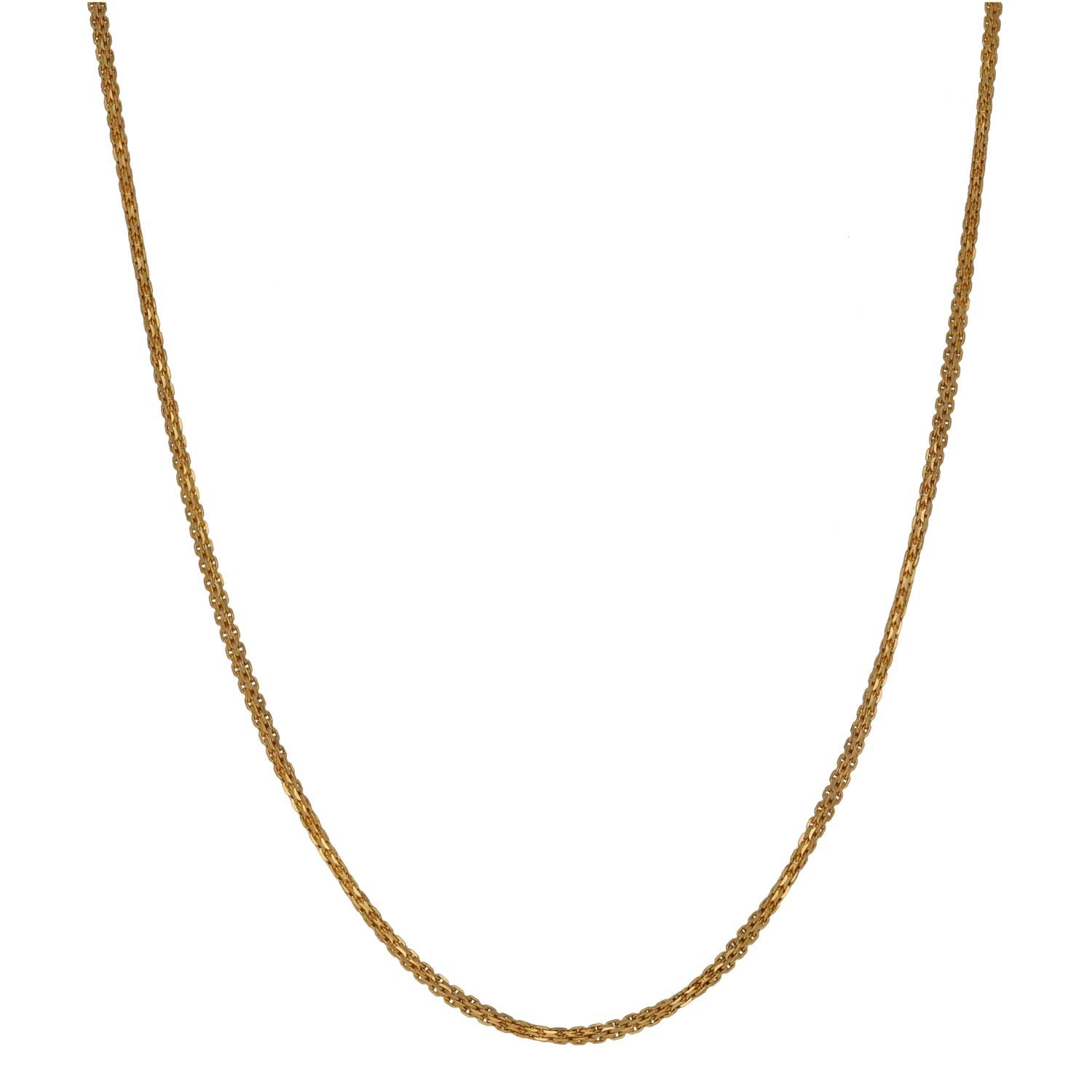 Gold bead-link chain necklace with rounded silhouette, no pendant visible