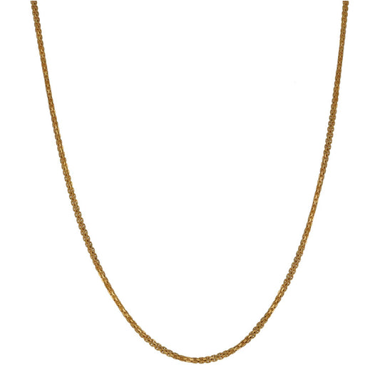Gold bead-link chain necklace with rounded silhouette, no pendant visible