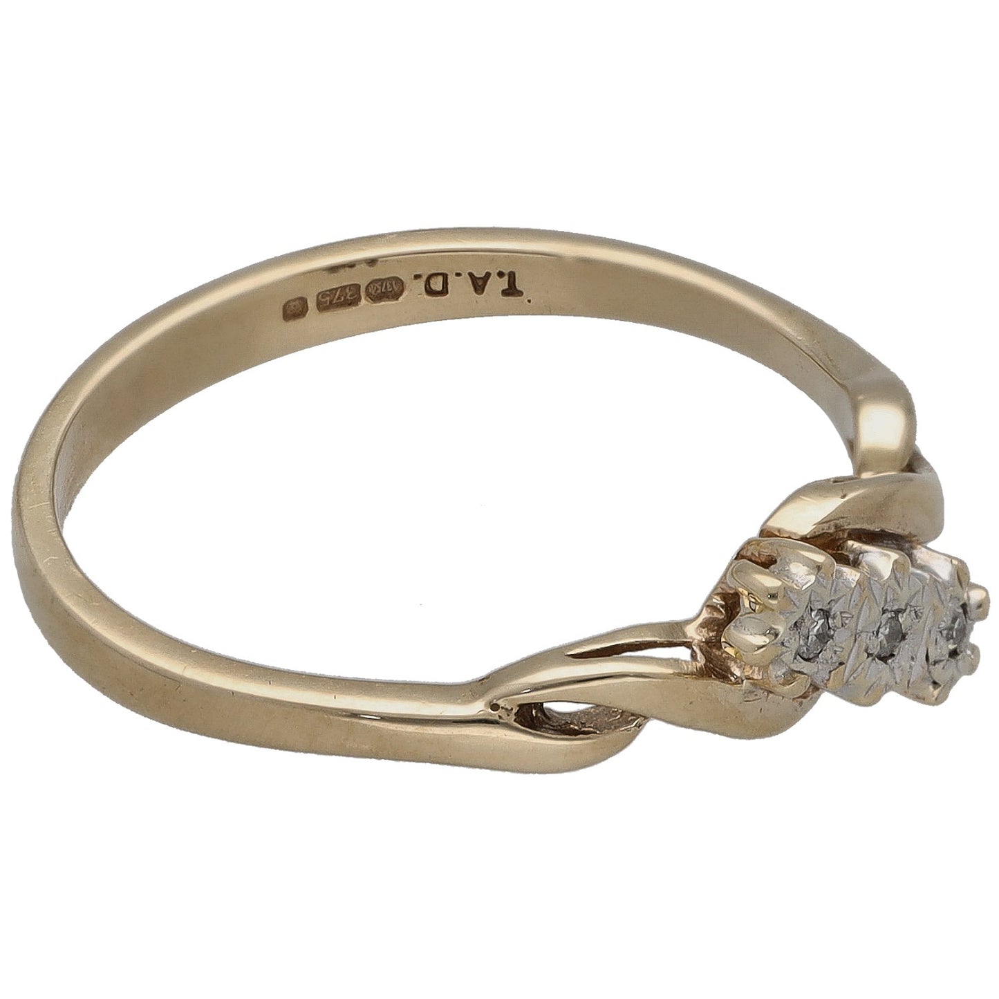 9ct gold ring with three round diamonds and inner hallmark engravings, side view