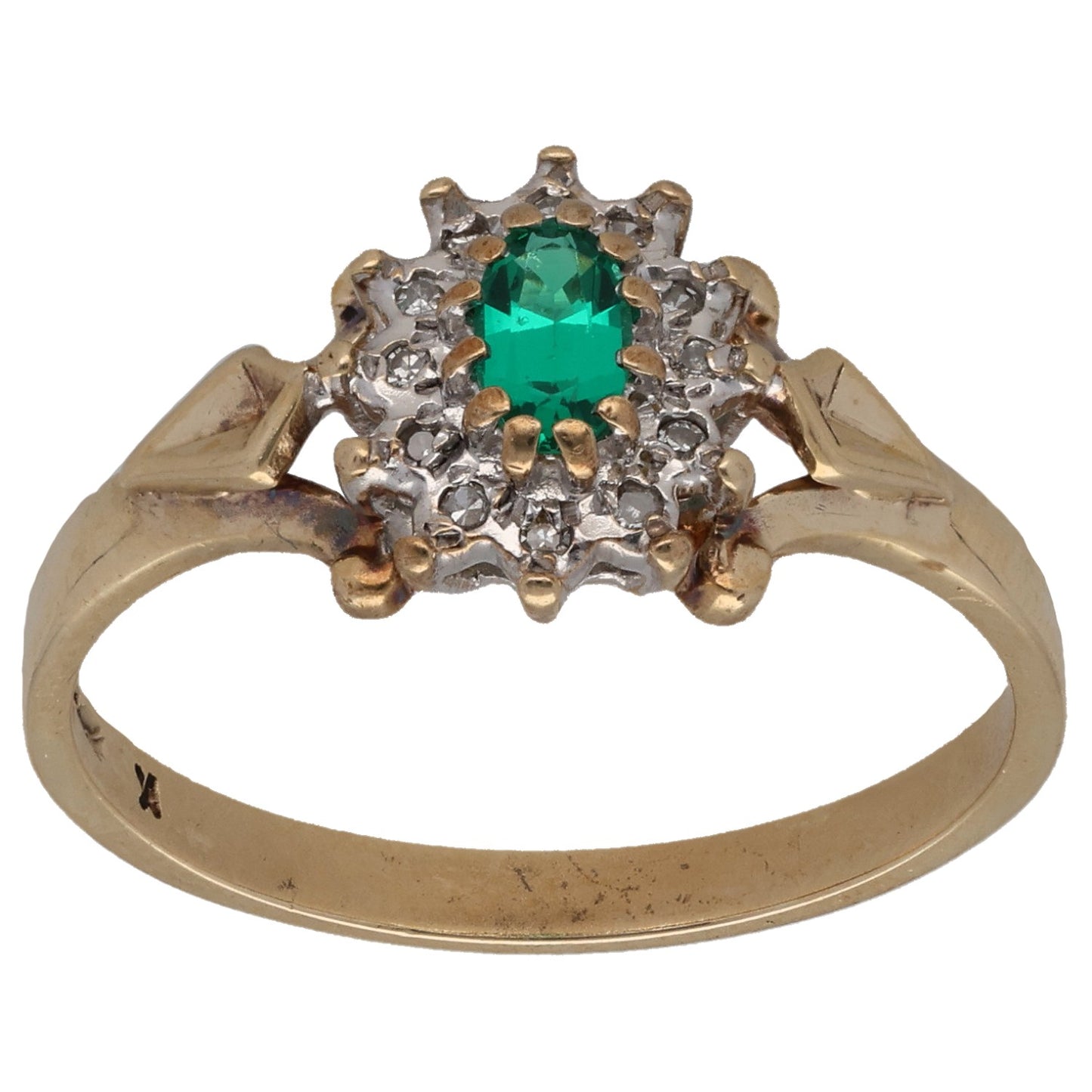 9ct Gold Man Made Emerald & 0.06ct Diamond Dress/Cocktail Ring Size P