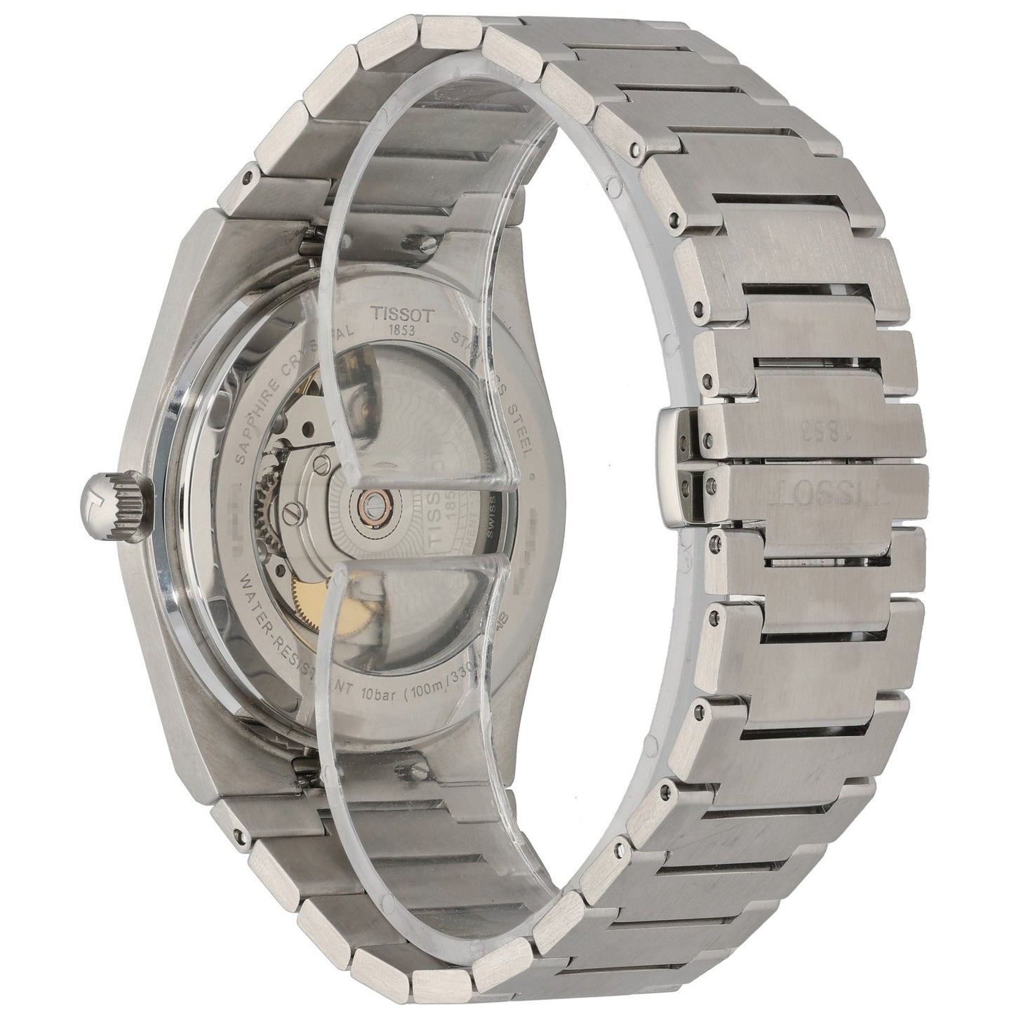 Tissot Vintage t137407a PRX transparent caseback watch with visible mechanical movement, stainless bracelet