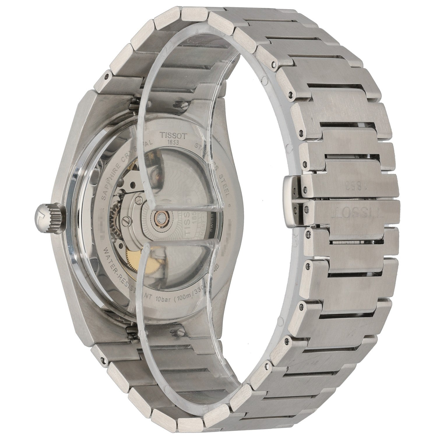 Tissot Vintage t137407a PRX transparent caseback watch with visible mechanical movement, stainless bracelet