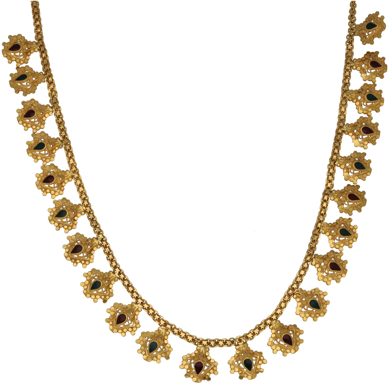 Yellow gold fancy necklace with linked clover-like charm drops along the chain