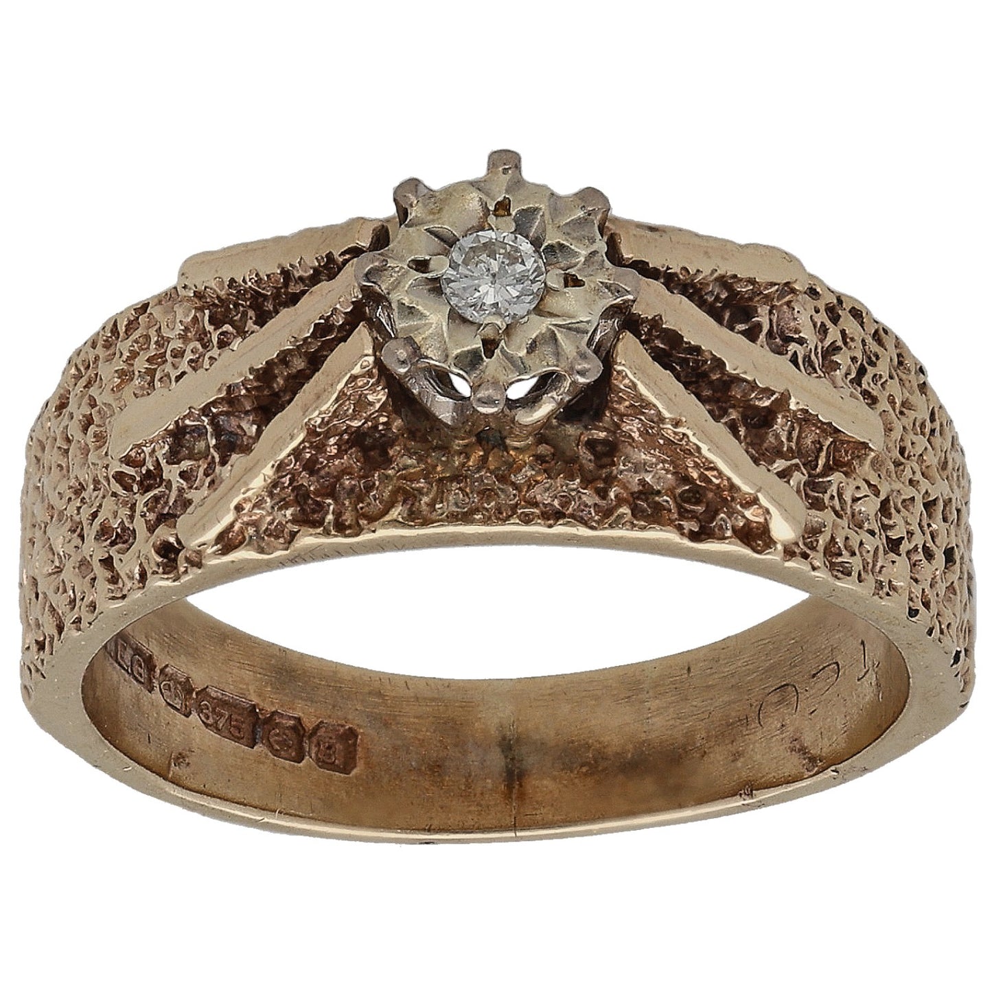 9ct gold ring with raised round diamond single-stone setting, textured side shoulders