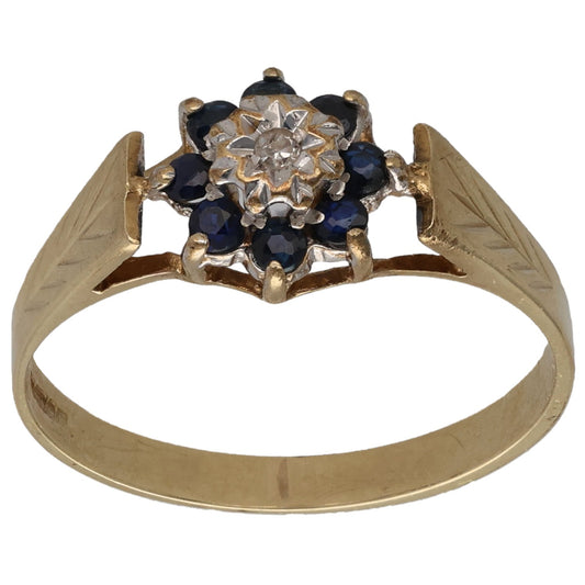 9ct Gold Sapphire & 0.01ct Diamond Cluster Ring Size O