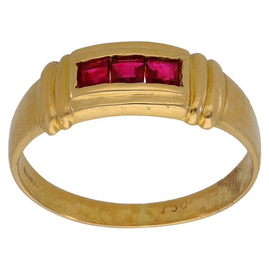 18ct Gold Man Made Ruby Three Stone Ring Size P