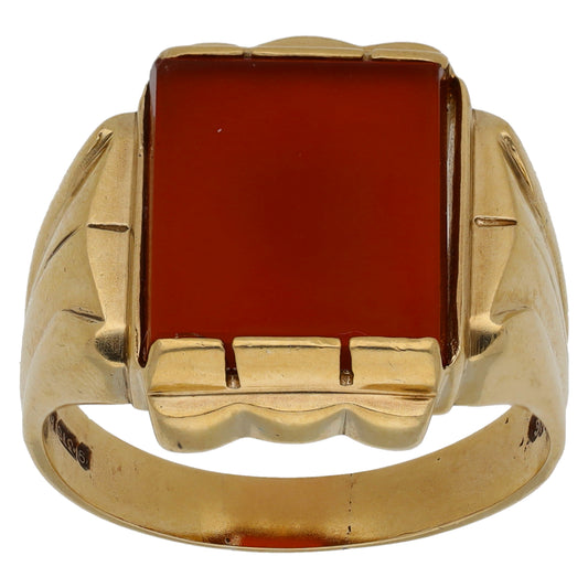 9ct Gold Carnelian Patterned Single Stone Signet Ring Size V