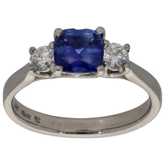 Platinum Sapphire & 0.30ct Diamond Three Stone Ring Size K